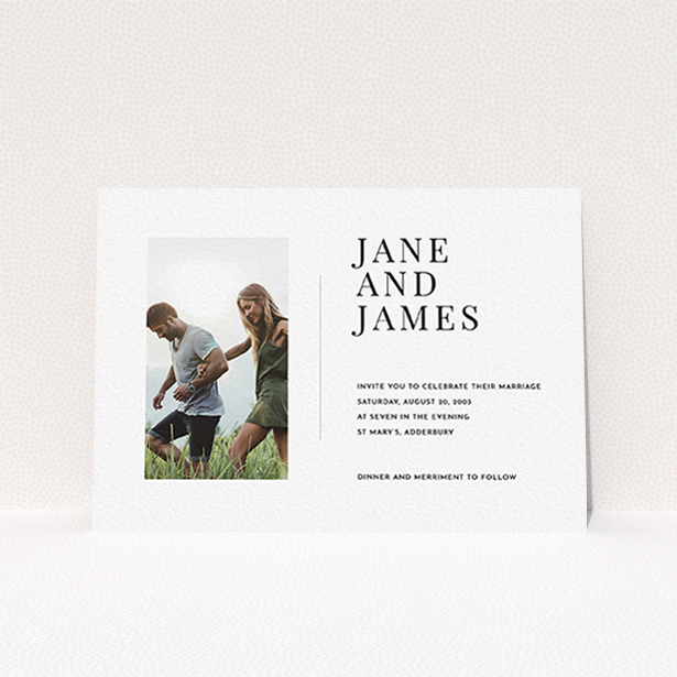 A personalised wedding invitation design named "Modern postcard". It is an A6 invite in a landscape orientation. It is a photographic personalised wedding invitation with room for 1 photo. "Modern postcard" is available as a flat invite, with mainly white colouring.