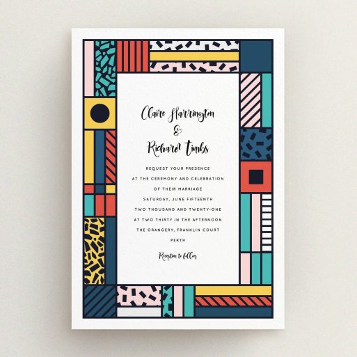 A personalised wedding invitation design titled "Mondrian-esque". It is an A5 invite in a portrait orientation. "Mondrian-esque" is available as a flat invite, with tones of white and pink.