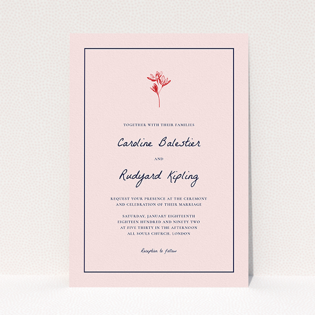A personalised wedding invitation design called "My little daisy". It is an A5 invite in a portrait orientation. "My little daisy" is available as a flat invite, with tones of pink, red and navy blue.