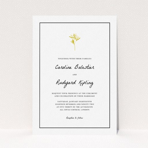 A personalised wedding invitation template titled "My little daisy". It is an A5 invite in a portrait orientation. "My little daisy" is available as a flat invite, with tones of white and gold.