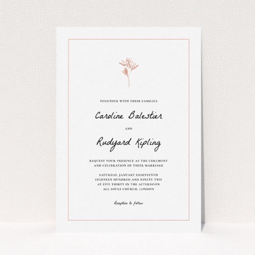 A personalised wedding invitation design named "My little daisy". It is an A5 invite in a portrait orientation. "My little daisy" is available as a flat invite, with tones of white and pink.