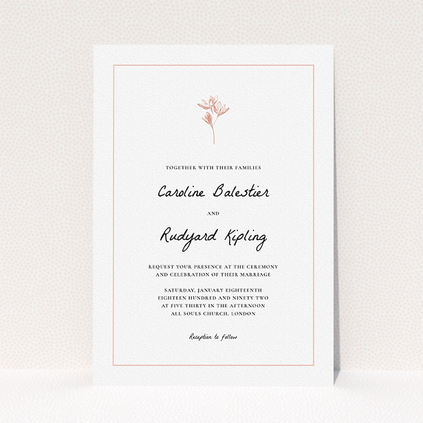 A personalised wedding invitation design named "My little daisy". It is an A5 invite in a portrait orientation. "My little daisy" is available as a flat invite, with tones of white and pink.
