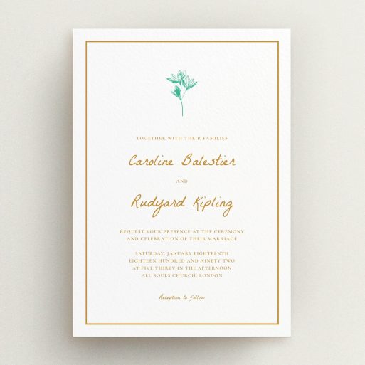 A personalised wedding invitation called "My little daisy". It is an A5 invite in a portrait orientation. "My little daisy" is available as a flat invite, with tones of white and green.