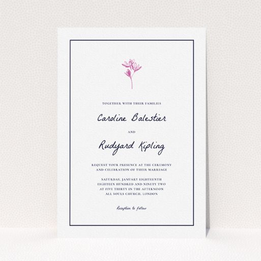 A personalised wedding invitation called "My little daisy". It is an A5 invite in a portrait orientation. "My little daisy" is available as a flat invite, with tones of white and pink.