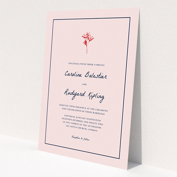 A personalised wedding invitation design called 'My little daisy'. It is an A5 invite in a portrait orientation. 'My little daisy' is available as a flat invite, with tones of pink, red and navy blue.