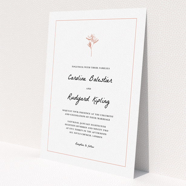 A personalised wedding invitation design named "My little daisy". It is an A5 invite in a portrait orientation. "My little daisy" is available as a flat invite, with tones of white and pink.