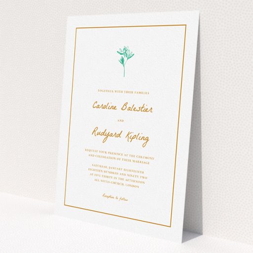 A personalised wedding invitation called 'My little daisy'. It is an A5 invite in a portrait orientation. 'My little daisy' is available as a flat invite, with tones of white and green.