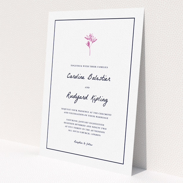 A personalised wedding invitation called 'My little daisy'. It is an A5 invite in a portrait orientation. 'My little daisy' is available as a flat invite, with tones of white and pink.