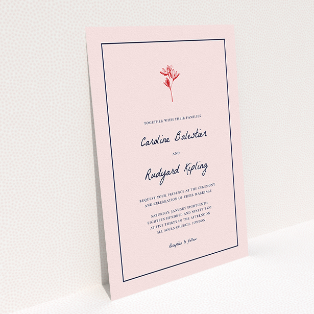 A personalised wedding invitation design called "My little daisy". It is an A5 invite in a portrait orientation. "My little daisy" is available as a flat invite, with tones of pink, red and navy blue.