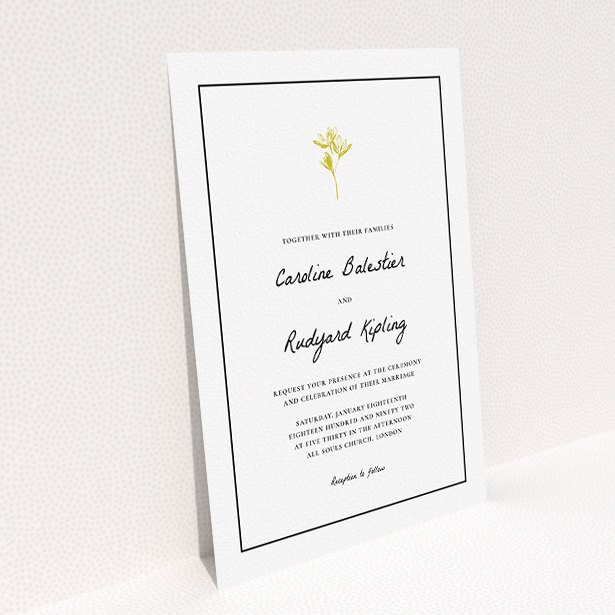 A personalised wedding invitation template titled "My little daisy". It is an A5 invite in a portrait orientation. "My little daisy" is available as a flat invite, with tones of white and gold.