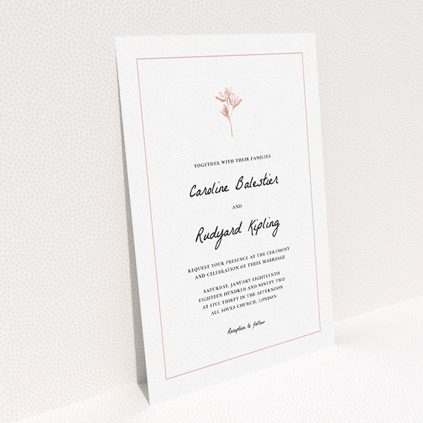 A personalised wedding invitation design named "My little daisy". It is an A5 invite in a portrait orientation. "My little daisy" is available as a flat invite, with tones of white and pink.