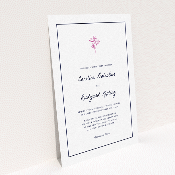 A personalised wedding invitation called "My little daisy". It is an A5 invite in a portrait orientation. "My little daisy" is available as a flat invite, with tones of white and pink.