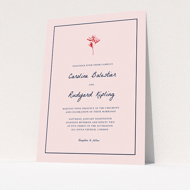 A personalised wedding invitation design called "My little daisy". It is an A5 invite in a portrait orientation. "My little daisy" is available as a flat invite, with tones of pink, red and navy blue.