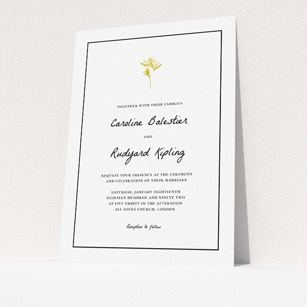A personalised wedding invitation template titled "My little daisy". It is an A5 invite in a portrait orientation. "My little daisy" is available as a flat invite, with tones of white and gold.