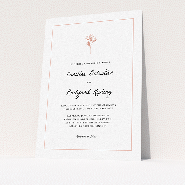 A personalised wedding invitation design named "My little daisy". It is an A5 invite in a portrait orientation. "My little daisy" is available as a flat invite, with tones of white and pink.