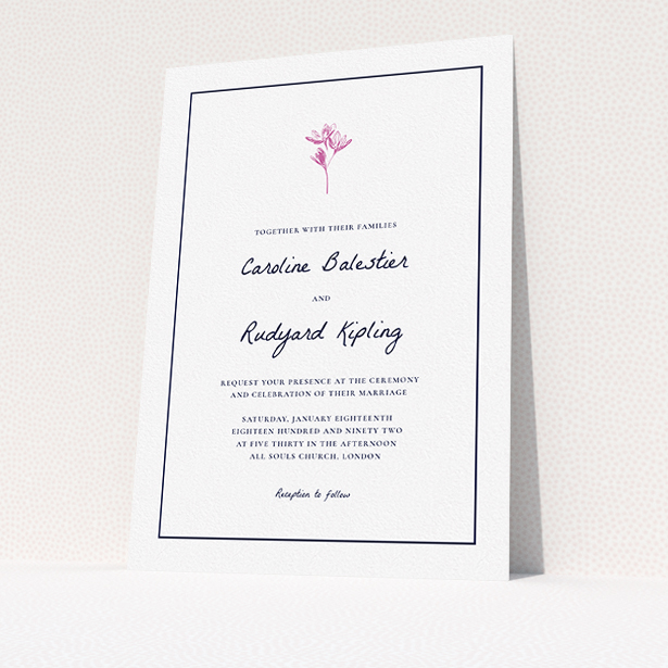 A personalised wedding invitation called "My little daisy". It is an A5 invite in a portrait orientation. "My little daisy" is available as a flat invite, with tones of white and pink.