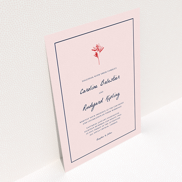 A personalised wedding invitation design called "My little daisy". It is an A5 invite in a portrait orientation. "My little daisy" is available as a flat invite, with tones of pink, red and navy blue.