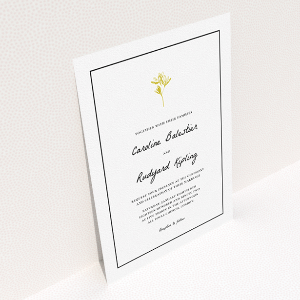 A personalised wedding invitation template titled "My little daisy". It is an A5 invite in a portrait orientation. "My little daisy" is available as a flat invite, with tones of white and gold.