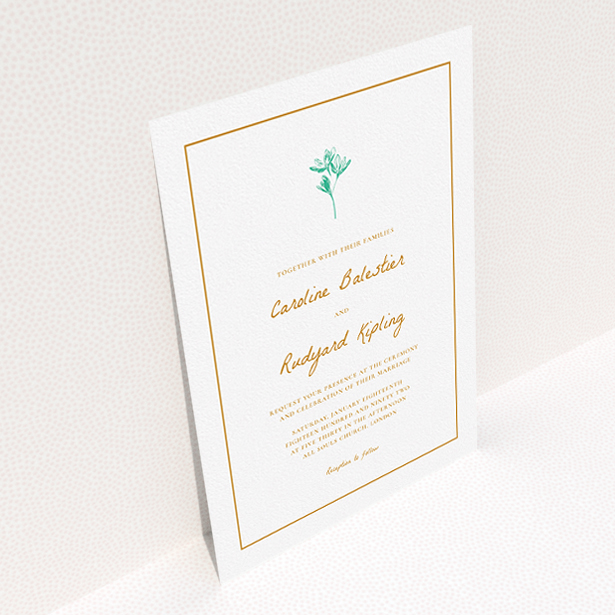 A personalised wedding invitation called "My little daisy". It is an A5 invite in a portrait orientation. "My little daisy" is available as a flat invite, with tones of white and green.