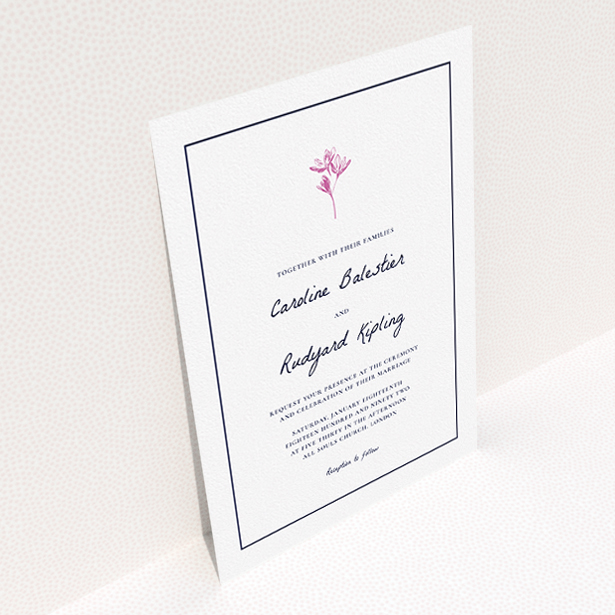 A personalised wedding invitation called "My little daisy". It is an A5 invite in a portrait orientation. "My little daisy" is available as a flat invite, with tones of white and pink.