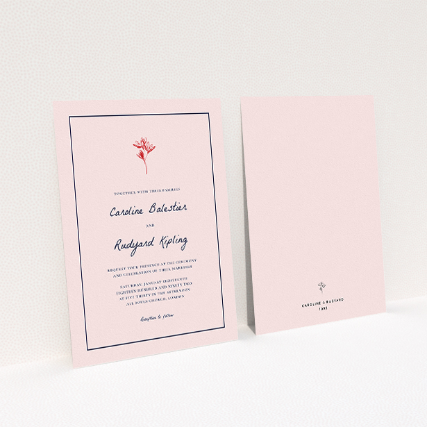 A personalised wedding invitation design called "My little daisy". It is an A5 invite in a portrait orientation. "My little daisy" is available as a flat invite, with tones of pink, red and navy blue.
