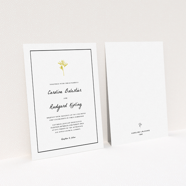 A personalised wedding invitation template titled "My little daisy". It is an A5 invite in a portrait orientation. "My little daisy" is available as a flat invite, with tones of white and gold.