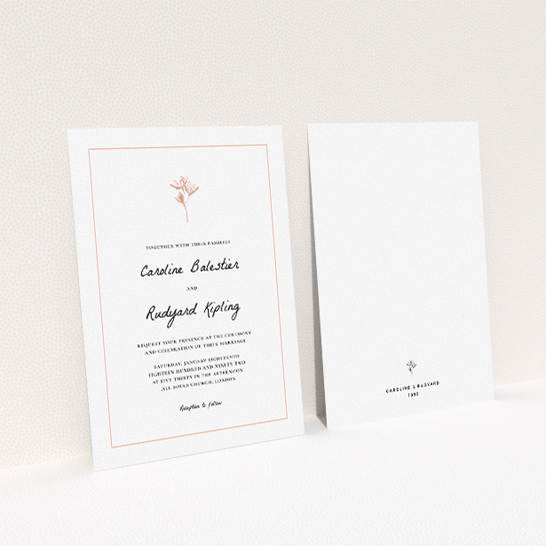 A personalised wedding invitation design named "My little daisy". It is an A5 invite in a portrait orientation. "My little daisy" is available as a flat invite, with tones of white and pink.