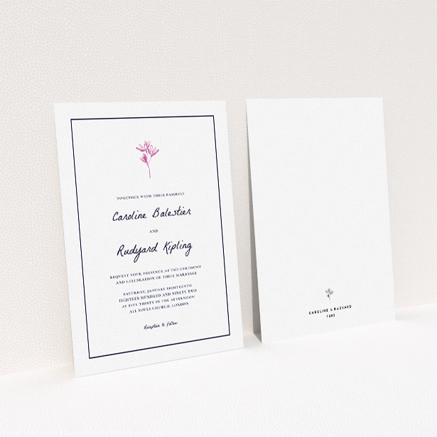 A personalised wedding invitation called "My little daisy". It is an A5 invite in a portrait orientation. "My little daisy" is available as a flat invite, with tones of white and pink.