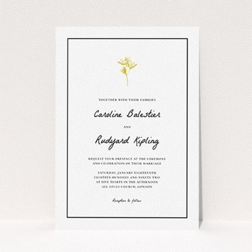A personalised wedding invitation called "My little daisy". It is an A6 invite in a portrait orientation. "My little daisy" is available as a flat invite, with tones of white and gold.