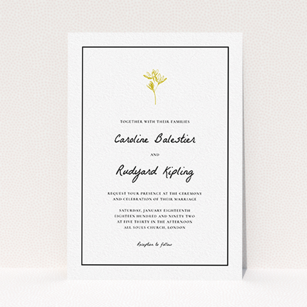 A personalised wedding invitation called "My little daisy". It is an A6 invite in a portrait orientation. "My little daisy" is available as a flat invite, with tones of white and gold.