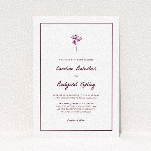 A personalised wedding invitation design called "My little daisy". It is an A6 invite in a portrait orientation. "My little daisy" is available as a flat invite, with mainly white colouring.