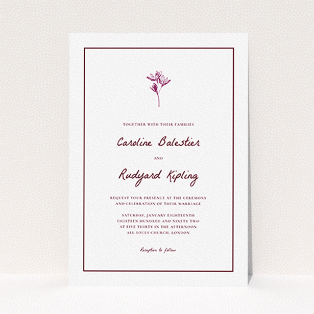 A personalised wedding invitation design called "My little daisy". It is an A6 invite in a portrait orientation. "My little daisy" is available as a flat invite, with mainly white colouring.