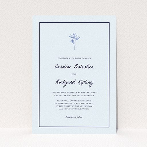 A personalised wedding invitation design named "My little daisy". It is an A6 invite in a portrait orientation. "My little daisy" is available as a flat invite, with mainly white colouring.