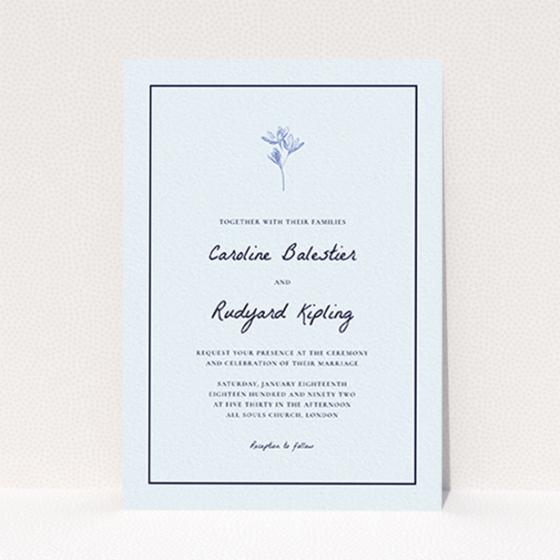 A personalised wedding invitation design named "My little daisy". It is an A6 invite in a portrait orientation. "My little daisy" is available as a flat invite, with mainly white colouring.