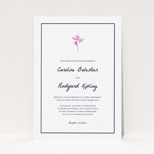 A personalised wedding invitation named "My little daisy". It is an A6 invite in a portrait orientation. "My little daisy" is available as a flat invite, with tones of white and pink.