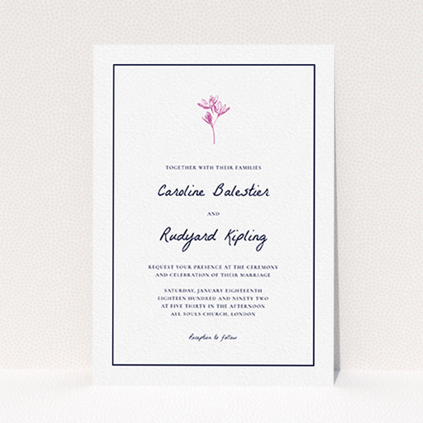 A personalised wedding invitation named "My little daisy". It is an A6 invite in a portrait orientation. "My little daisy" is available as a flat invite, with tones of white and pink.