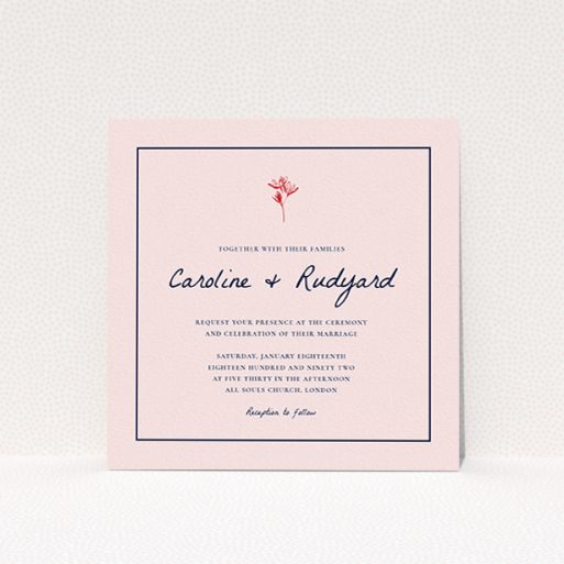 A personalised wedding invitation design named "My little daisy". It is a square (148mm x 148mm) invite in a square orientation. "My little daisy" is available as a flat invite, with tones of pink, red and navy blue.
