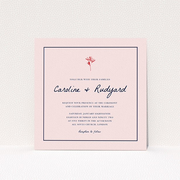 A personalised wedding invitation design named "My little daisy". It is a square (148mm x 148mm) invite in a square orientation. "My little daisy" is available as a flat invite, with tones of pink, red and navy blue.