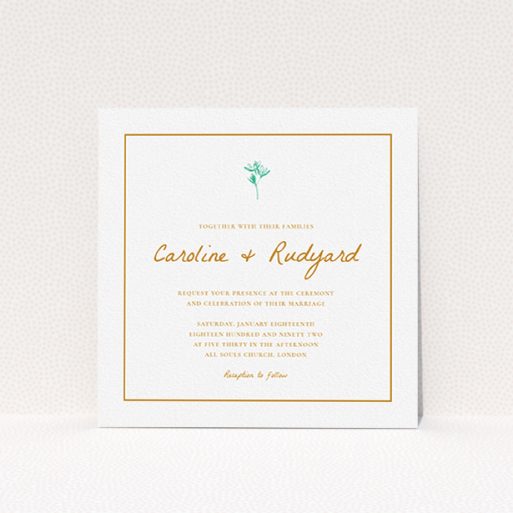A personalised wedding invitation named "My little daisy". It is a square (148mm x 148mm) invite in a square orientation. "My little daisy" is available as a flat invite, with tones of white and green.
