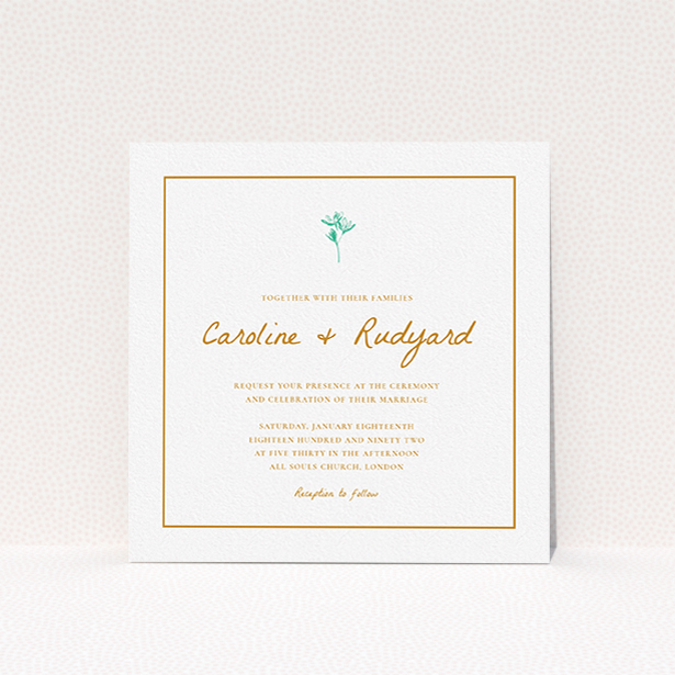 A personalised wedding invitation named "My little daisy". It is a square (148mm x 148mm) invite in a square orientation. "My little daisy" is available as a flat invite, with tones of white and green.