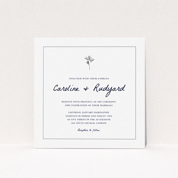 A personalised wedding invitation design titled "My little daisy". It is a square (148mm x 148mm) invite in a square orientation. "My little daisy" is available as a flat invite, with tones of white and grey.