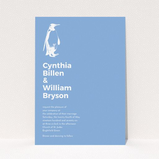 A personalised wedding invitation design called "My little penguin". It is an A5 invite in a portrait orientation. "My little penguin" is available as a flat invite, with tones of blue and white.