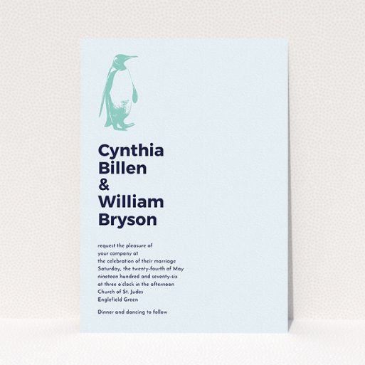 A personalised wedding invitation called "My little penguin". It is an A5 invite in a portrait orientation. "My little penguin" is available as a flat invite, with mainly blue colouring.