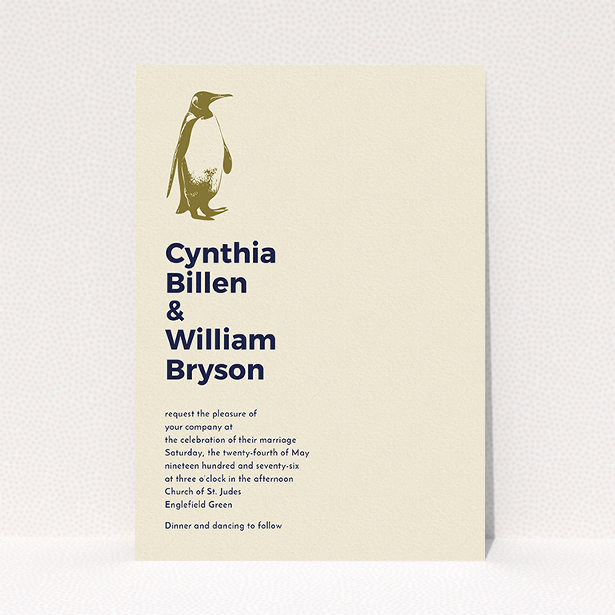 A personalised wedding invitation design named "My little penguin". It is an A5 invite in a portrait orientation. "My little penguin" is available as a flat invite, with mainly dark cream colouring.