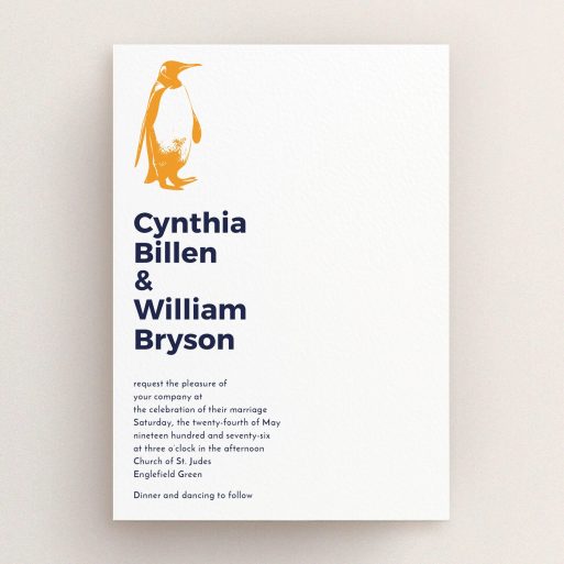 A personalised wedding invitation template titled "My little penguin". It is an A5 invite in a portrait orientation. "My little penguin" is available as a flat invite, with tones of white and orange.