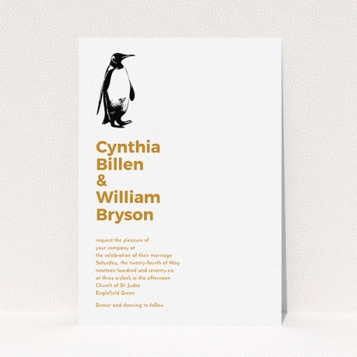 A personalised wedding invitation template titled "My little penguin". It is an A5 invite in a portrait orientation. "My little penguin" is available as a flat invite, with tones of white and orange.