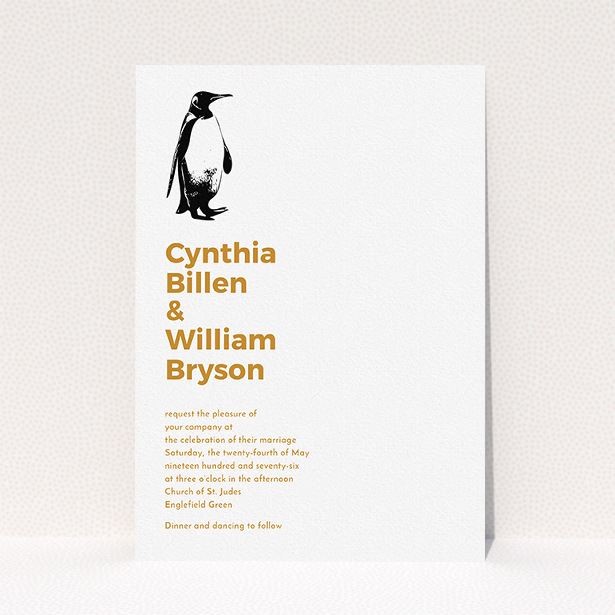 A personalised wedding invitation template titled "My little penguin". It is an A5 invite in a portrait orientation. "My little penguin" is available as a flat invite, with tones of white and orange.