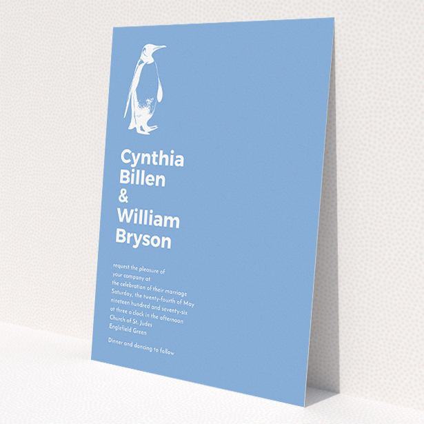 A personalised wedding invitation design called 'My little penguin'. It is an A5 invite in a portrait orientation. 'My little penguin' is available as a flat invite, with tones of blue and white.