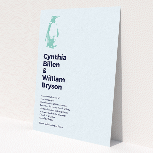 A personalised wedding invitation called 'My little penguin'. It is an A5 invite in a portrait orientation. 'My little penguin' is available as a flat invite, with mainly blue colouring.