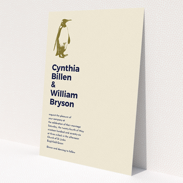 A personalised wedding invitation design named 'My little penguin'. It is an A5 invite in a portrait orientation. 'My little penguin' is available as a flat invite, with mainly dark cream colouring.